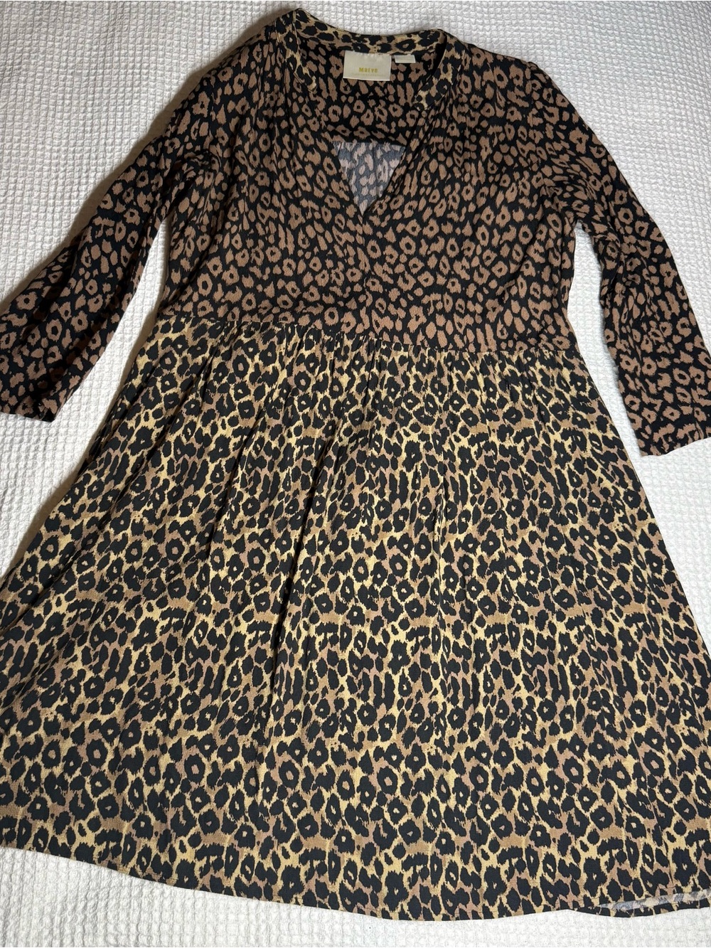 Maeve Anthropologie Leopard Print V-Neck Dress in Brown and Tan